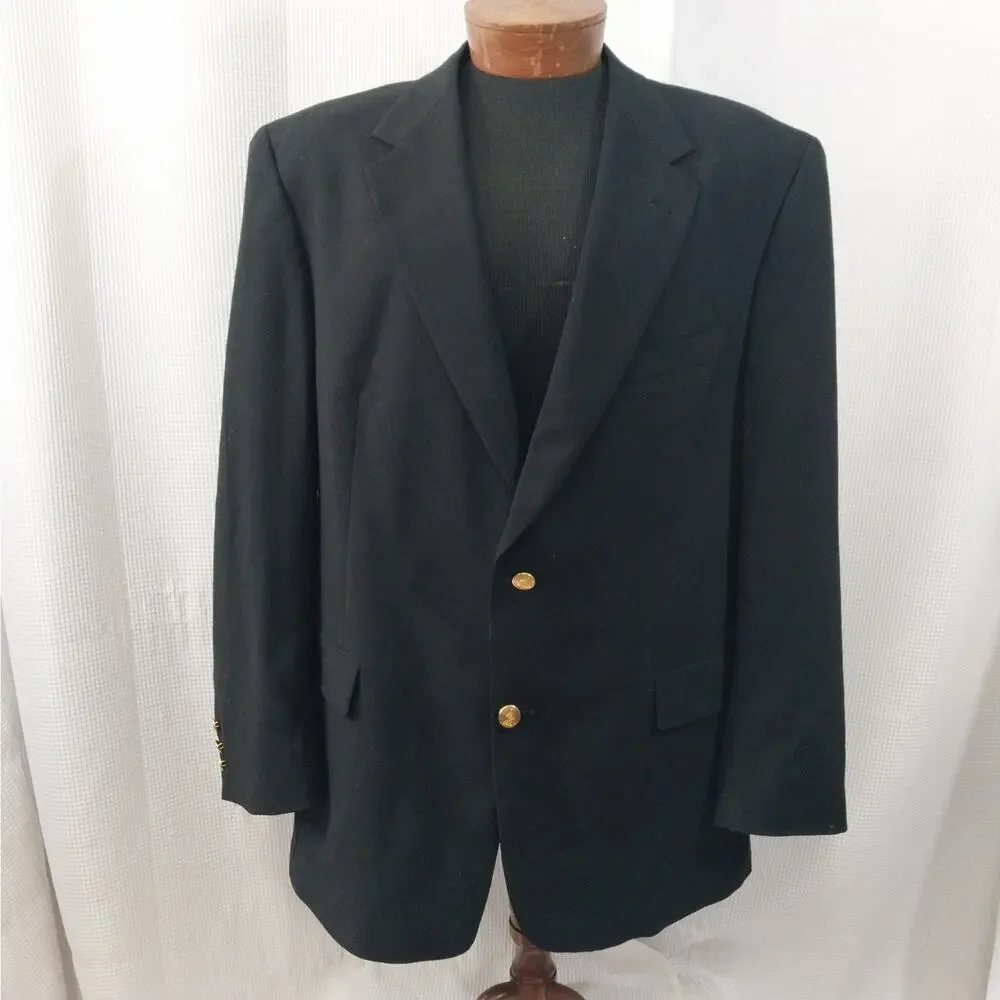 AUSTIN REED! STUNNING BLACK FINE WOOL, GOLD BUTTON CLUB BLAZER, JACKET! SZ 46R